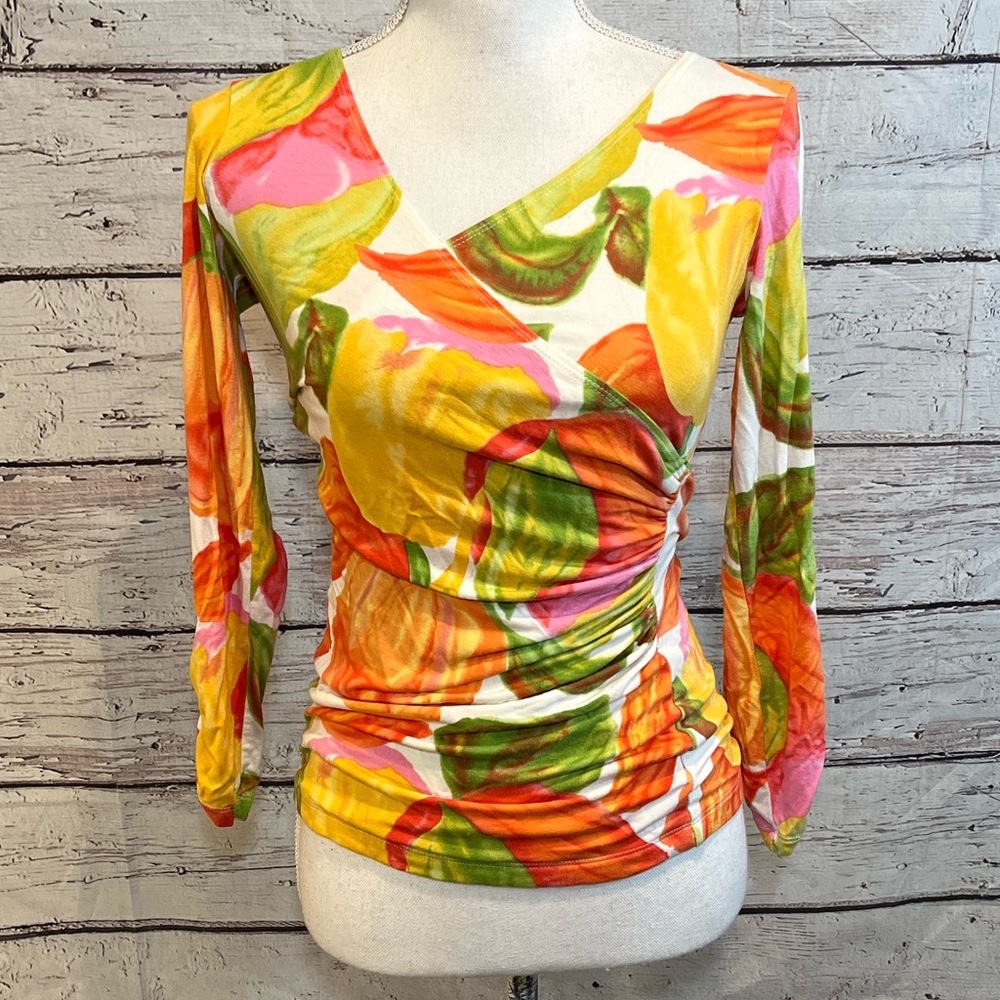 CABI Wrap Top Stretchy with Tropical Print-Small